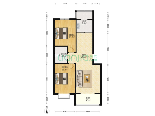南北通透格局，房本满两年税费低，带家具家电，公摊小-户型图