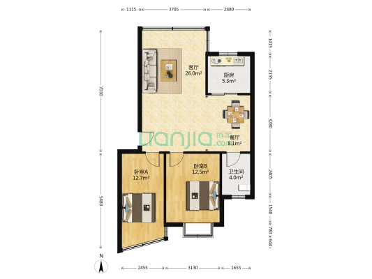 翔龙花园 2室2厅1卫 83平方