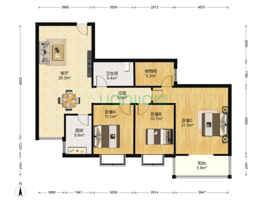 紫荆花园 3室1厅1卫 133平方