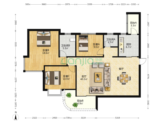 地委大院 3室1厅2卫 128平方