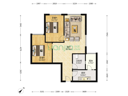 绿地城 2室1厅1卫 77平方