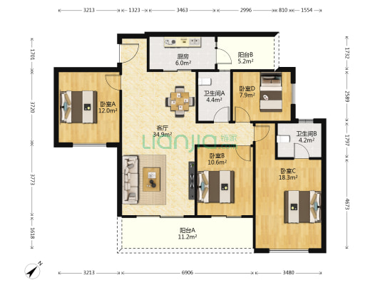 西宸原著 4室1厅2卫 136平方
