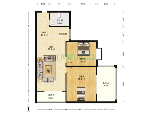 山景尚宅 2室2厅1卫 129平方