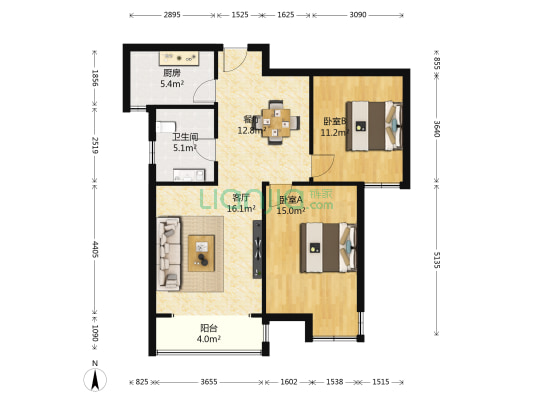 保利上河雅苑北区 2室2厅1卫 94平方