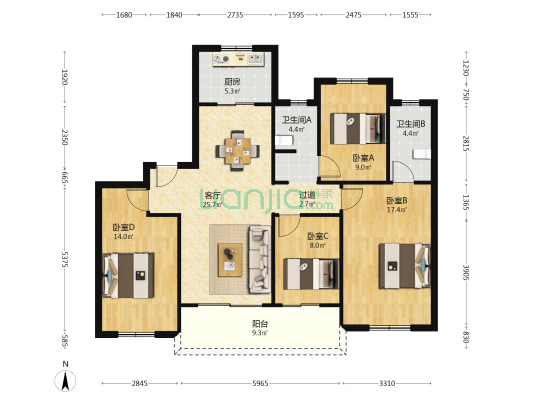 金厦阳光城域 4室1厅2卫 126平方