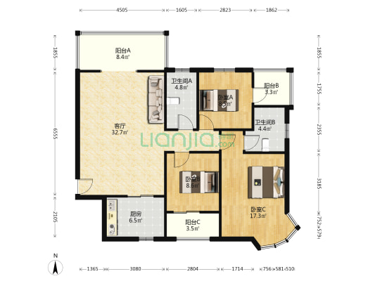 泛华新城 3室1厅2卫 116平方