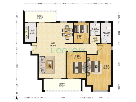 康桥香溪郡5号院 3室1厅2卫 150平方