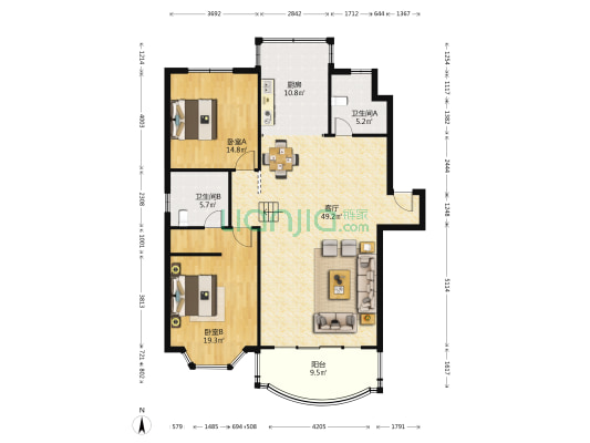 恒泰花园 2室1厅2卫 137平方