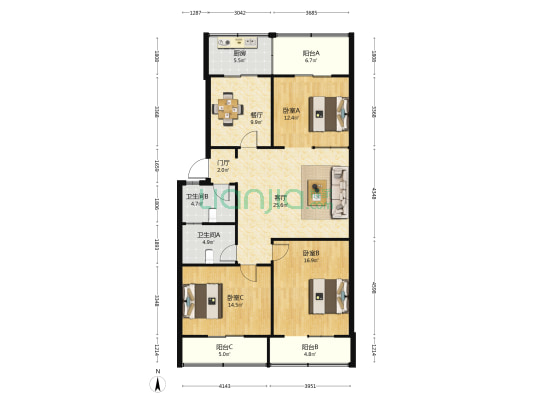 经贸委安全文明院 3室2厅2卫 115平方