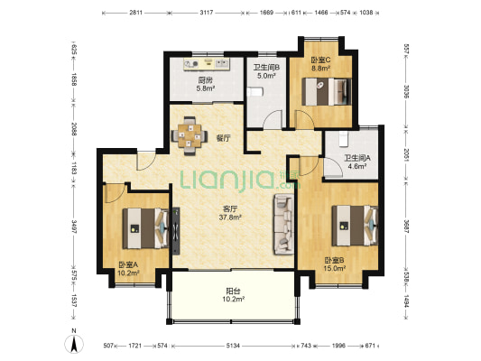 万濠禧园 3室1厅2卫 128平方
