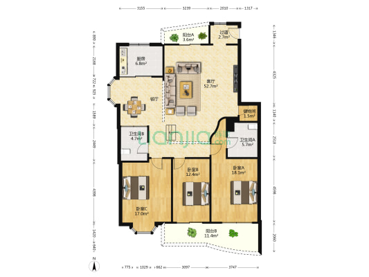 香江花园四期 3室1厅2卫 141平方