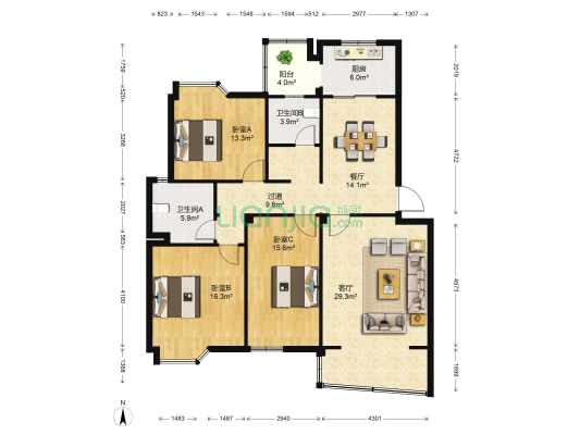 江东天然居 3室2厅2卫 138平方