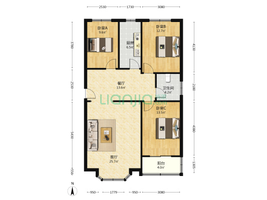 华福佳缘小区 中间楼层 南北通透三居 价格可议-户型图