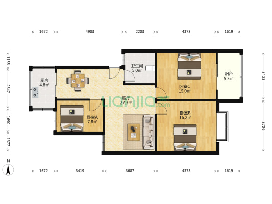 煜林公寓 3室1厅1卫 104平方