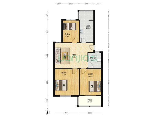 肥东县汽车运输公司宿舍楼 3室1厅1卫 98平方