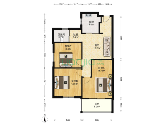 东沙花园南区 3室1厅1卫 92平方