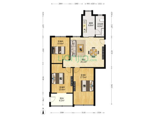 北京东路化工研究所宿舍 3室1厅1卫 92平方