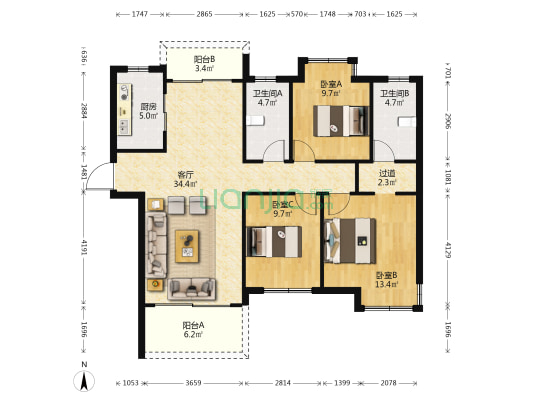新力上园 3室1厅2卫 117平方