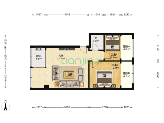 新九州花园一号区 2室1厅1卫 83平方