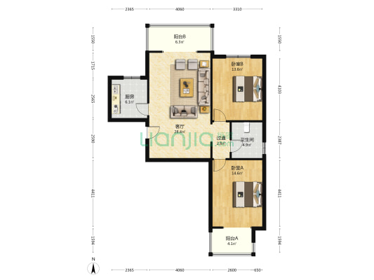 香缇园 2室1厅1卫 107平方