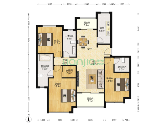 广南星园 3室1厅3卫 130平方