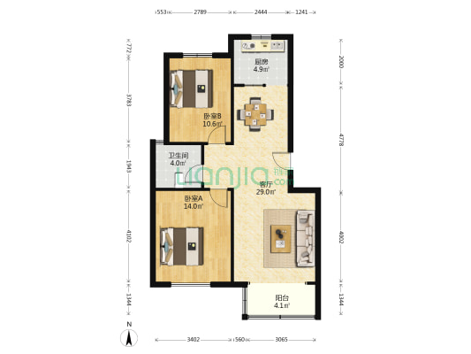 西城名筑 2室1厅1卫 83平方