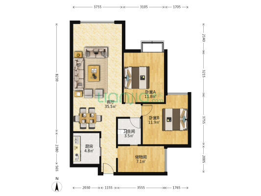 波尔卡大两居室 空间宽阔 可利用面积大-户型图