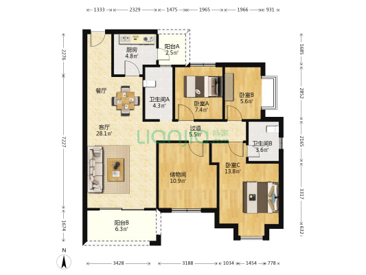中国铁建梅溪青秀三期 3室1厅2卫 119平方