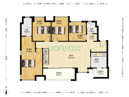 观承观峰二组团 4室1厅2卫 122平方