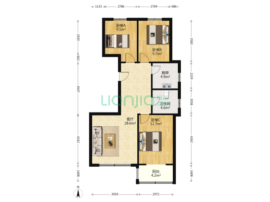 六合礼园 3室1厅1卫 108平方