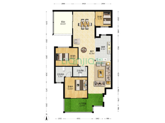 康和南苑 3室1厅2卫 89平方