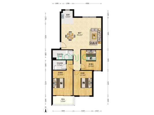 安居家园 3室1厅2卫 115平方