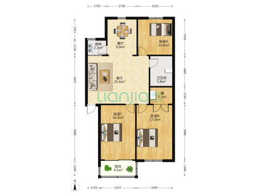 桂花里 3室2厅1卫 107平方