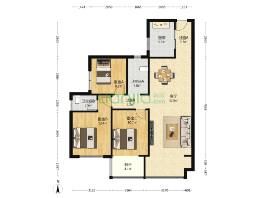 辉煌国际城三期 3室1厅2卫 113平方