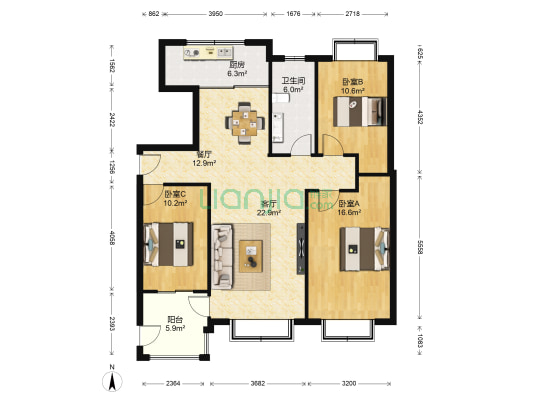 旭景豪园 3室2厅1卫 133平方