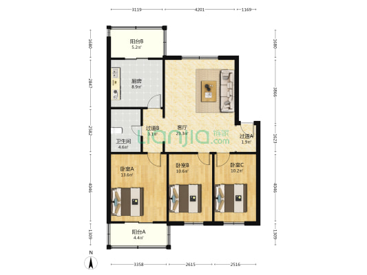 金雀花园 3室1厅1卫 110平方