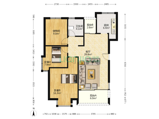 春江名都 2室1厅1卫 104平方