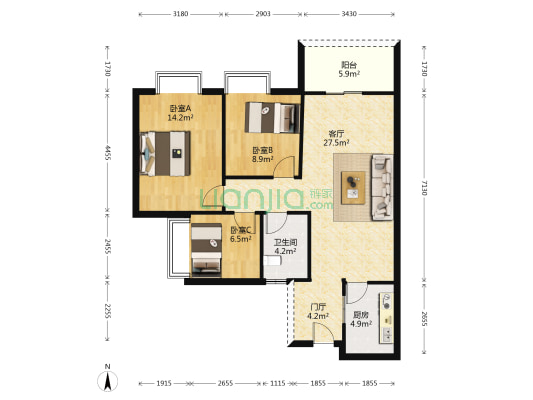 聚心嘉园 3室1厅1卫 91平方