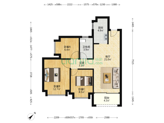 恒大南苑 3室1厅1卫 86平方