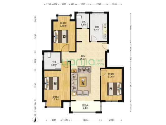 壹品蓝湾嘉苑 3室1厅2卫 120平方
