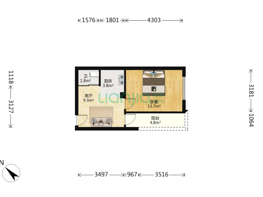 三峡广场精装一室 带露台 拎包入住-户型图