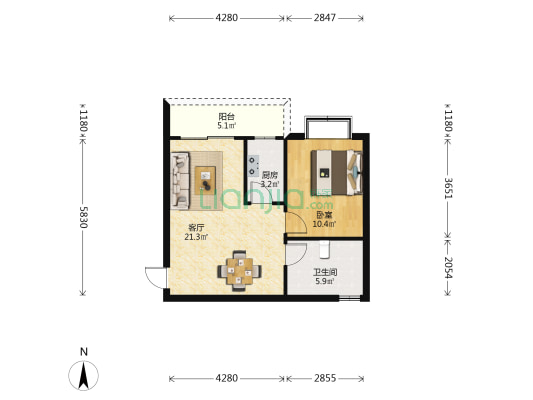 华美广场 1室1厅1卫 53平方
