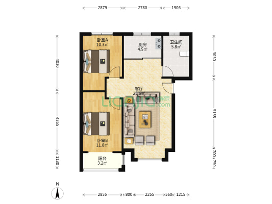 惠友万悦城(涿州) 2室1厅 南 北-户型图