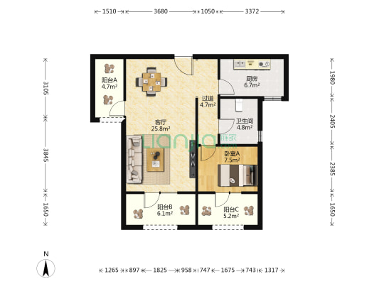 雨润星雨华府南区 1室1厅1卫 86平方