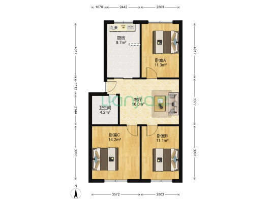 幸福苑B区 3室1厅1卫 90平方