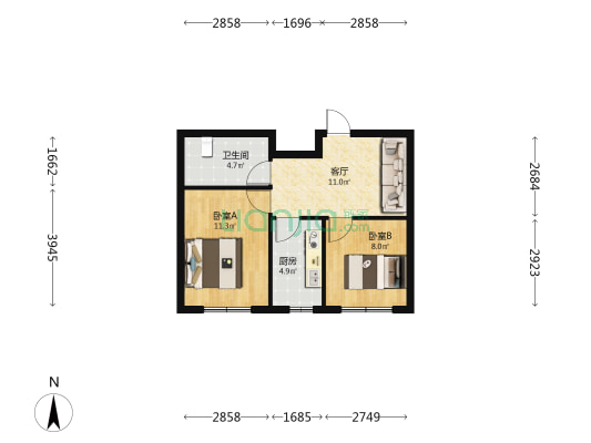 中凯越秀 2室1厅1卫 54平方