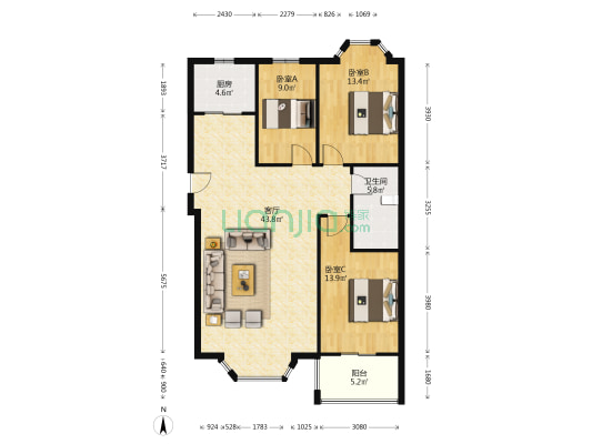 德信公园旁 板楼天花板社区 紧挨公园 南北通透大三居-户型图
