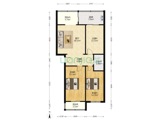 东方花苑 2室1厅1卫 103平方
