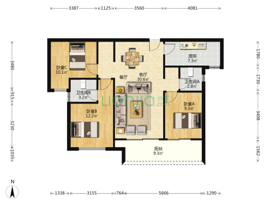 永威禧苑 3室1厅2卫 117平方