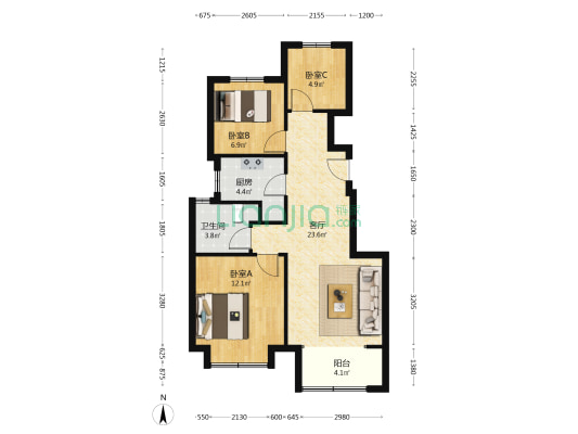 明德园 3室1厅1卫 87平方